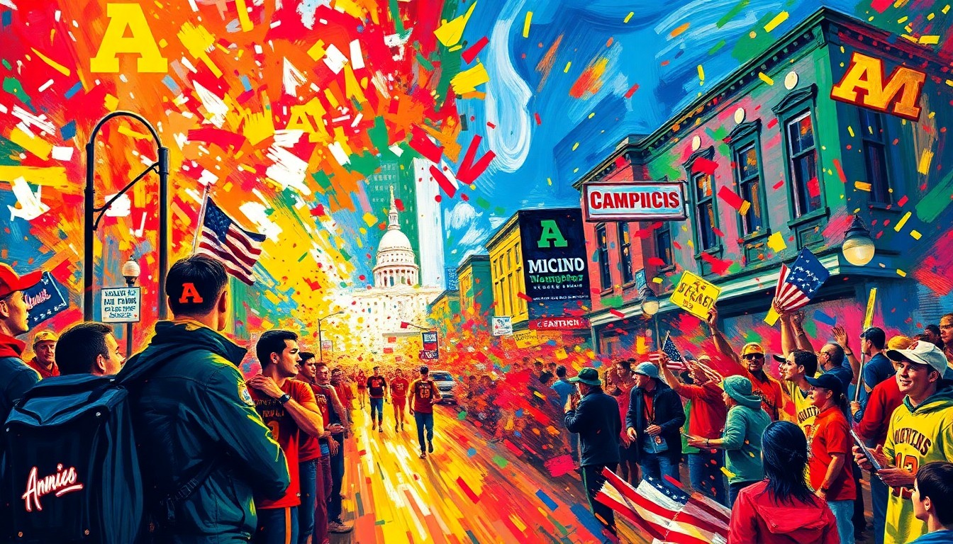 An abstract expressionist painting in neon colors, with rapid brushstrokes capturing the energy and excitement of a college basketball championship parade, featuring blurred figures of players, fans, and the city's skyline.