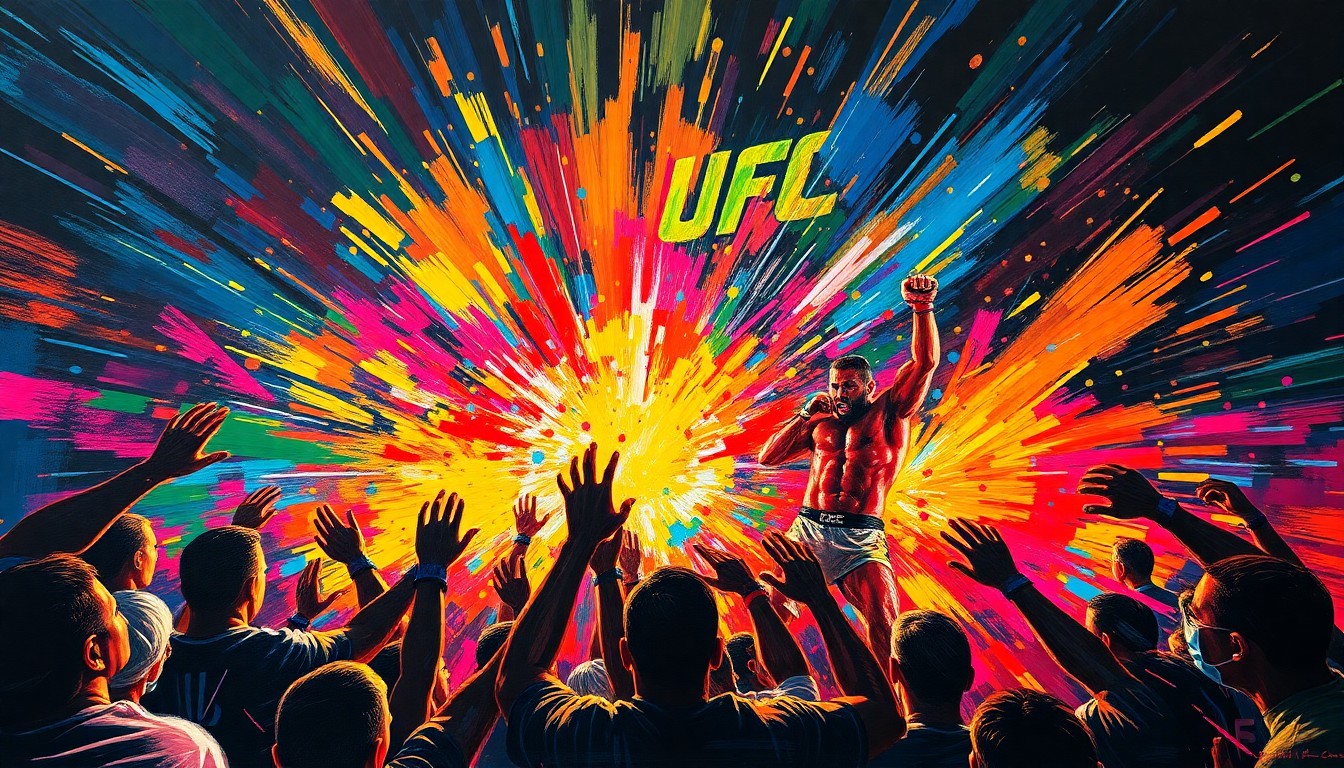 An abstract, energetic painting featuring bold brushstrokes and neon colors that evoke the intensity of a UFC fight night.