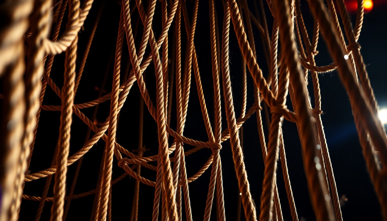 An abstract close-up photograph of a complex tangle of theatrical ropes and rigging, captured in dramatic high-contrast lighting to convey the technical sophistication and artistic tension of site-specific performance.
