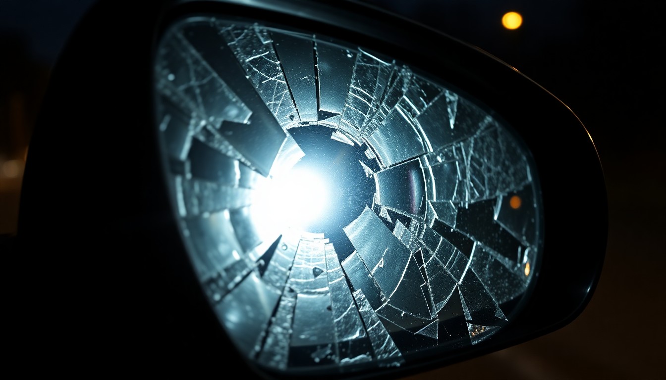 An extreme close-up of a shattered car side mirror reflecting a dim streetlight, conceptually representing the aftermath of a hit-and-run incident.