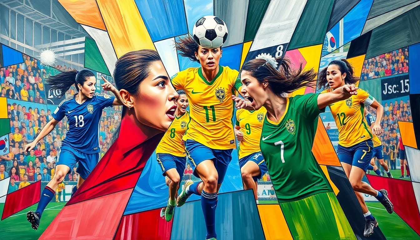 A cubist, geometric painting depicting a women's soccer match between Brazil and South Korea, with the players and field fragmented into sharp, overlapping planes of color representing the national team uniforms.