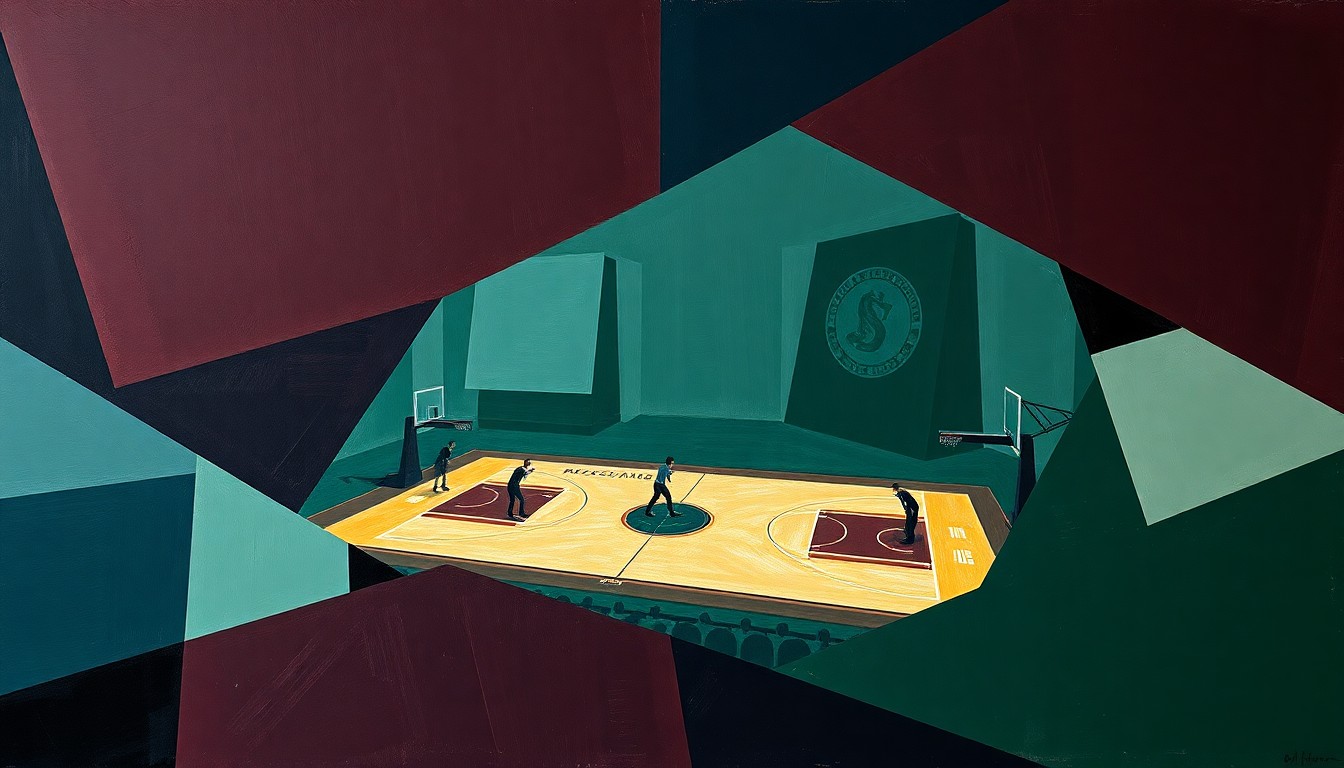 A cubist, geometric painting depicting a fragmented basketball game, with sharp, overlapping shapes in navy, green, and burgundy, conveying the Wizards' tumultuous season.