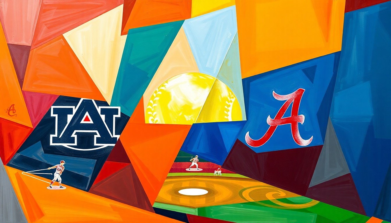 A fragmented, geometric painting in bold colors depicts the action and energy of a softball game between the Auburn Tigers and Alabama Crimson Tide, with players and the field deconstructed into sharp, overlapping planes.