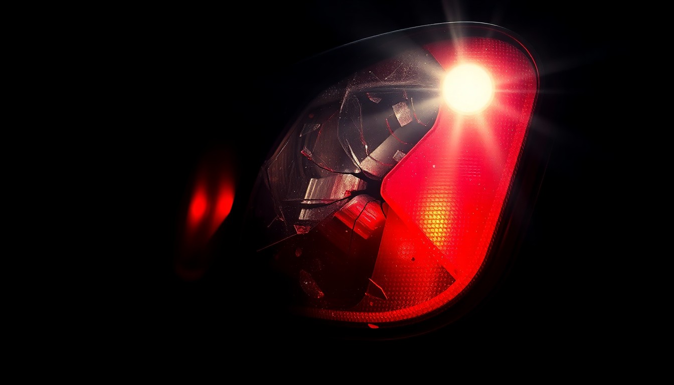 An extreme close-up photograph of a damaged car part, such as a shattered taillight or crumpled side mirror, lit by a harsh, direct camera flash against a pitch-black background, conceptually illustrating the aftermath of a high-speed crash related to human smuggling.