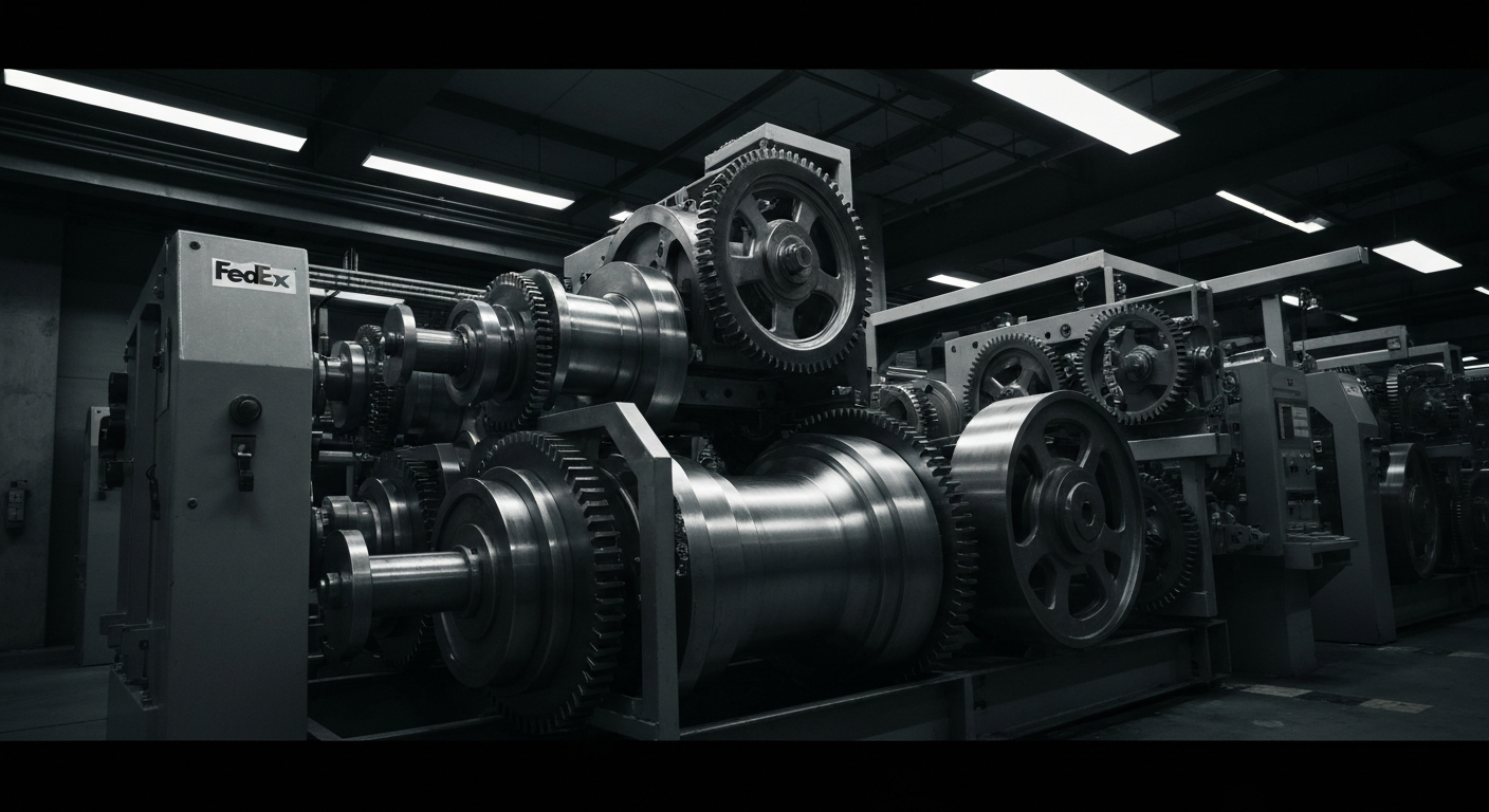 An extreme close-up of the intricate mechanical components and polished metal surfaces of a large industrial machine, conveying the power and precision of FedEx's logistics operations.