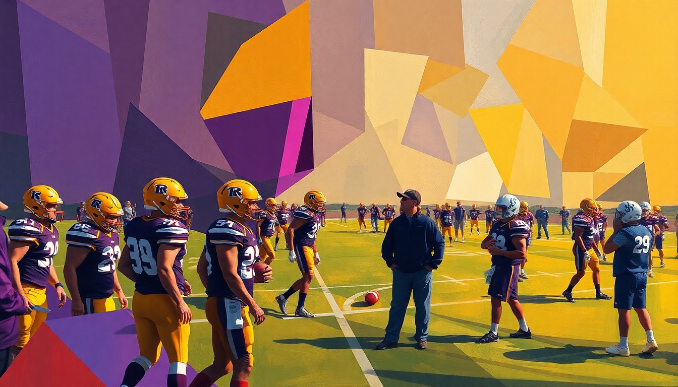 A fragmented, geometric painting depicting an abstract college football practice scene, with players and coaches represented as angular, overlapping forms in a vibrant color palette.