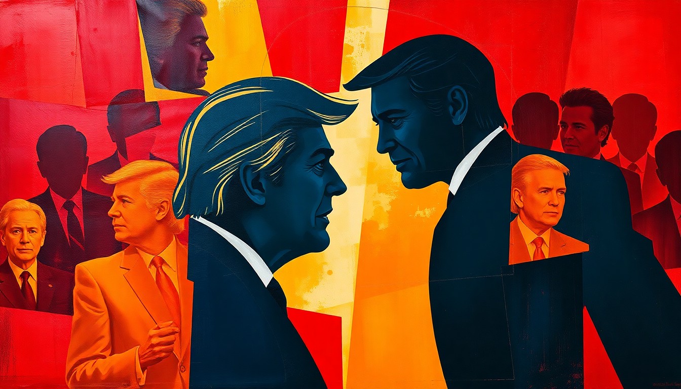 A dynamic, abstract painting featuring overlapping, fractured geometric shapes in bold colors, representing the symbolic power struggle between political figures.