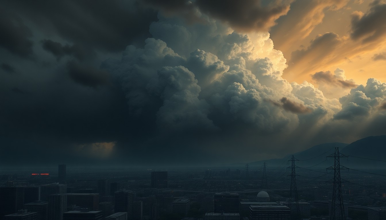A vast, atmospheric landscape painting in muted tones of gray, blue, and gold, depicting a massive storm system looming over the silhouetted skyline of San Francisco, the city's urban infrastructure dwarfed by the overwhelming scale of the natural forces at play.