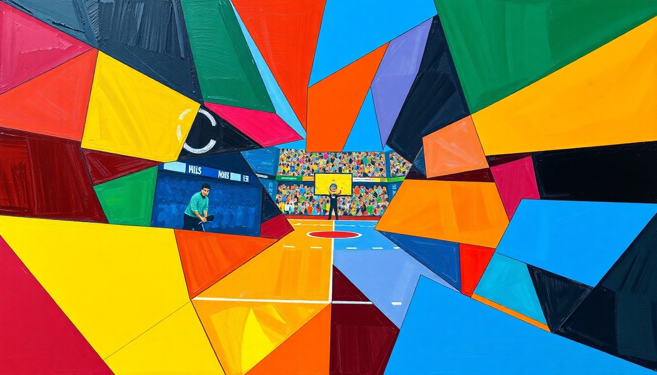 A cubist, geometric painting featuring overlapping planes of bright colors representing an Arena League football game in action.