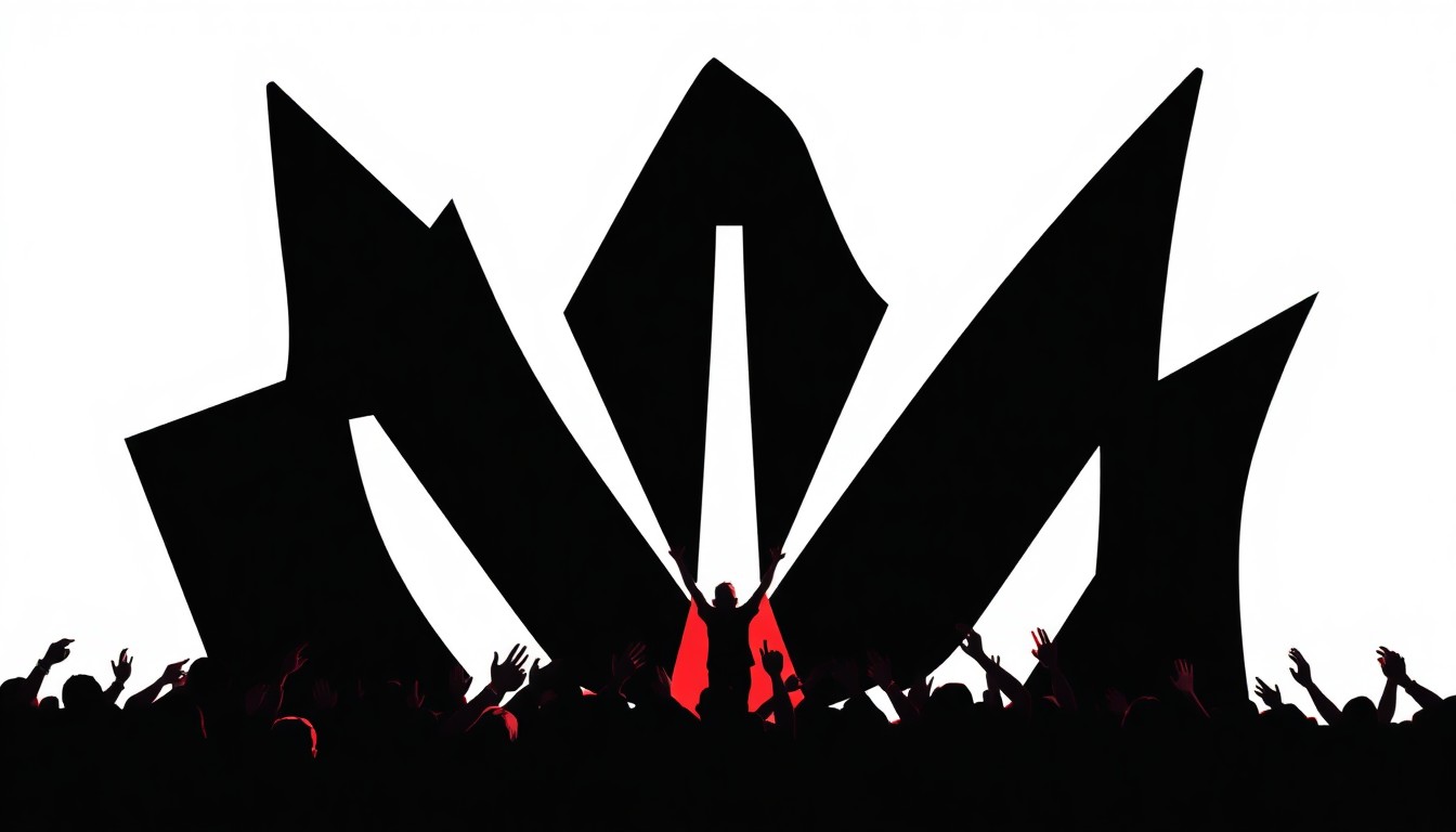 A dynamic abstract composition of jagged black silhouettes and bold red shapes, conceptually representing the vibrant spirit of a Christian music festival.
