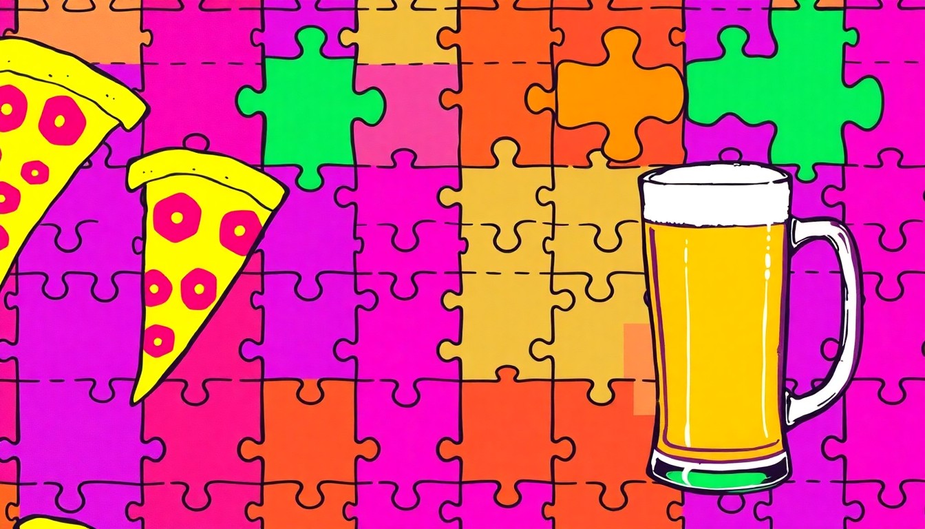 A vibrant, high-contrast silkscreen illustration featuring repeating patterns of a pizza slice, a beer glass, and a puzzle piece in a grid, conceptually representing the lively, social atmosphere of a community event focused on food, drinks, and friendly competition.