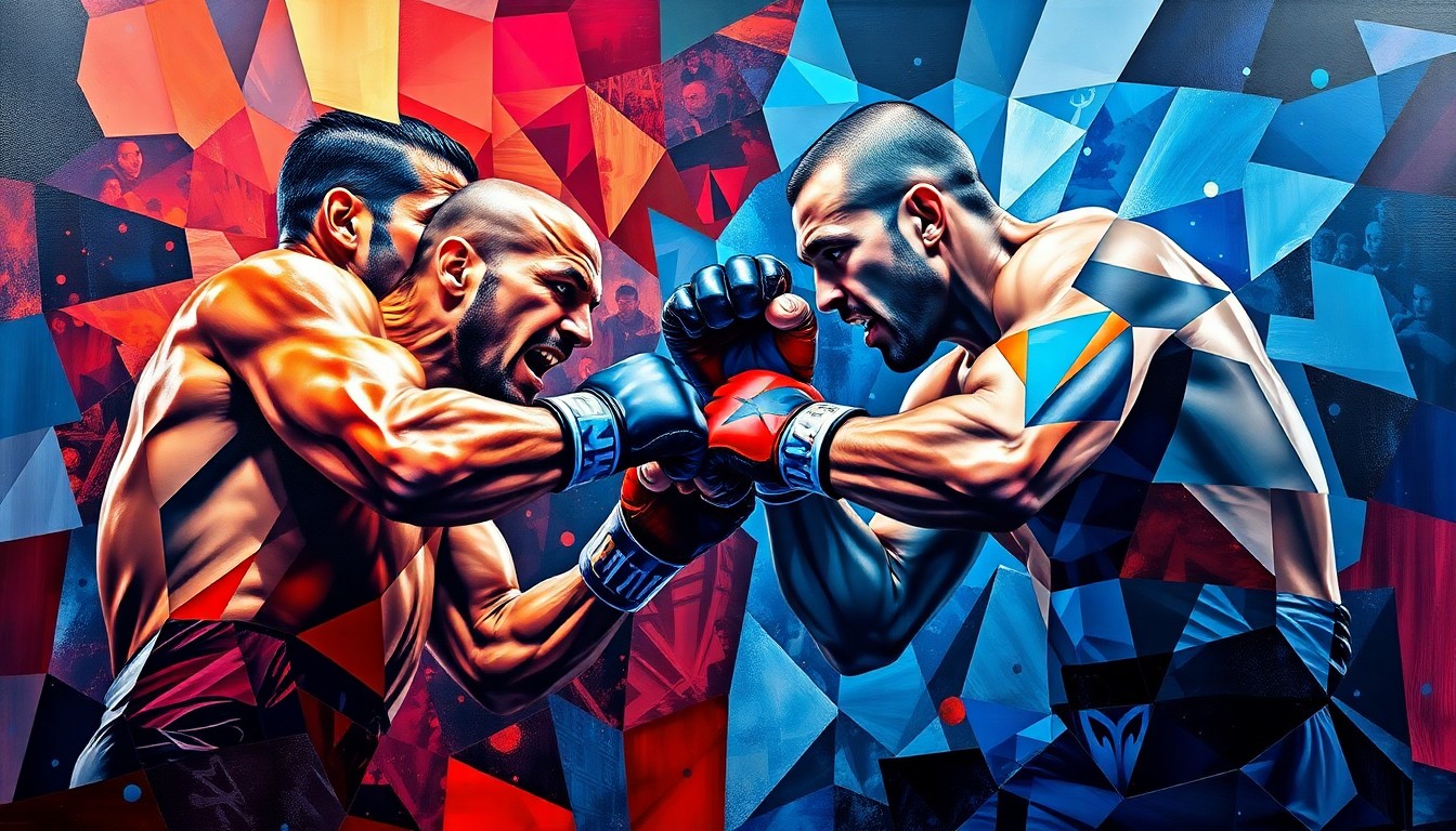 A fractured, multi-perspective painting depicting the intense physical clash between two MMA fighters, with sharp geometric planes and a vibrant color palette conveying the raw energy and tension of their rivalry.