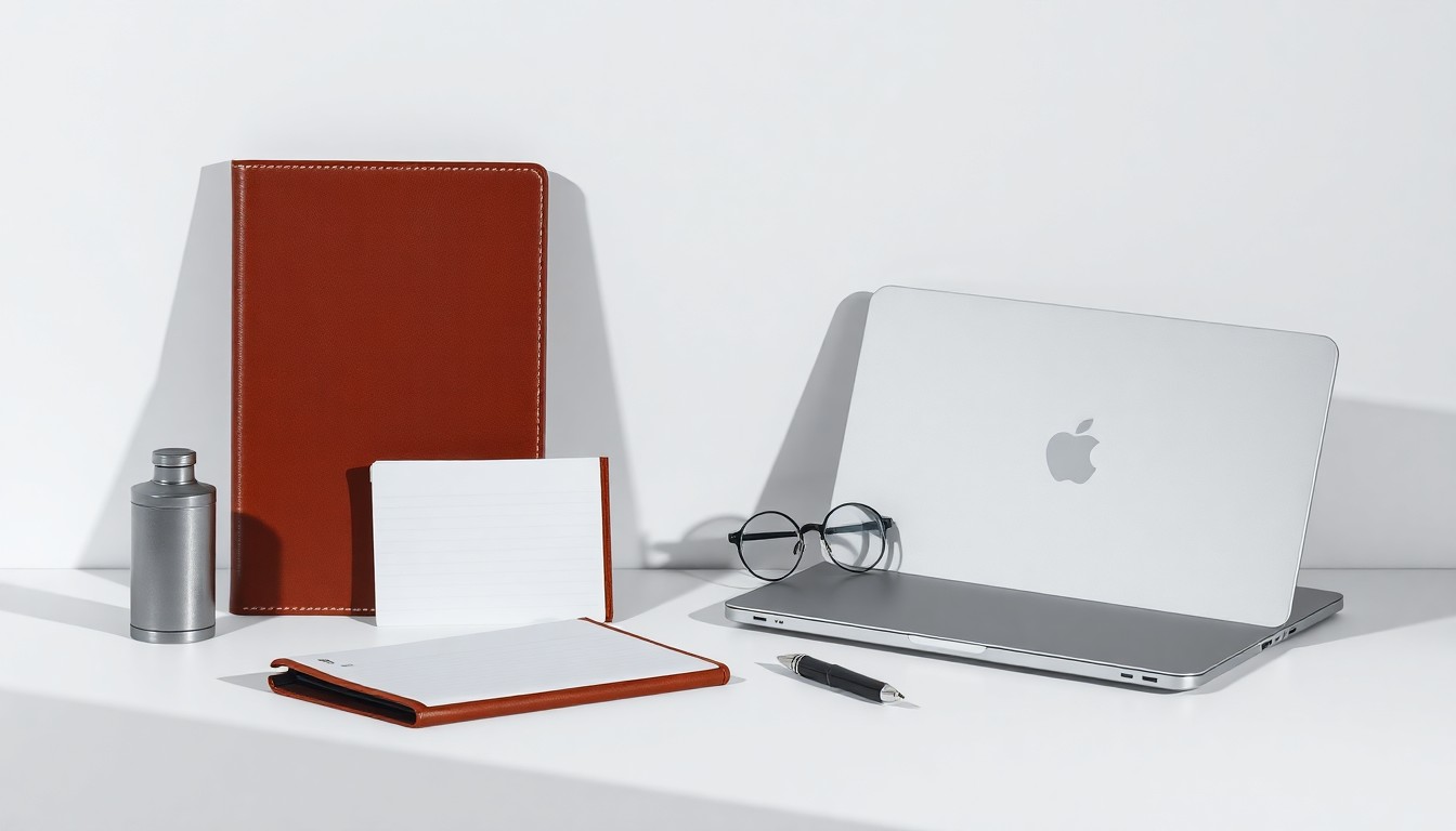 A high-end, photorealistic studio still-life photograph featuring a carefully arranged display of premium business accessories and office supplies, such as a leather-bound notebook, a fountain pen, and a sleek laptop, all set against a clean, monochromatic background and dramatically lit to create deep shadows, conceptually representing the focus, determination, and professionalism of the women entrepreneurs showcased at the event.
