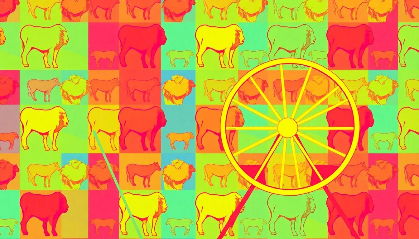 A brightly colored, high-contrast silkscreen print of a classic county fair icon like a ferris wheel or funnel cake, repeated in a tight grid pattern in vibrant neon colors with heavy black outlines, conceptually representing the energy and excitement of the upcoming Jasper County Fair.