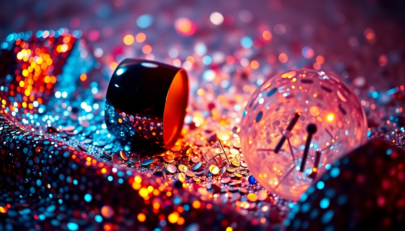 An extreme close-up photograph of shimmering sequins and shattered glass, creating a high-contrast, glamorous texture that evokes the energy and excitement of the Coachella music festival.