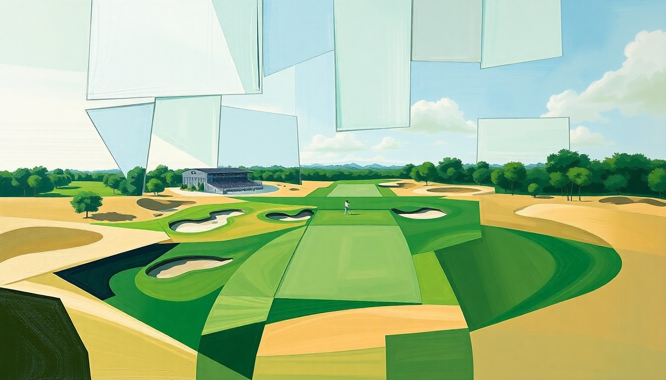 A cubist, geometric painting in shades of green, beige, and blue, breaking down a golf tournament scene into fragmented, overlapping planes to conceptually represent an athlete's transition to a new passion.