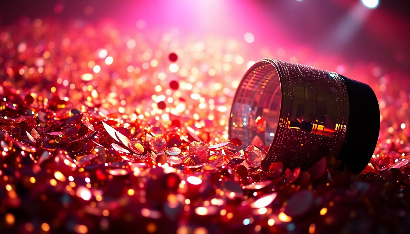 An abstract close-up photograph of shimmering sequins and shattered glass, capturing the glitz and drama of a music festival performance.