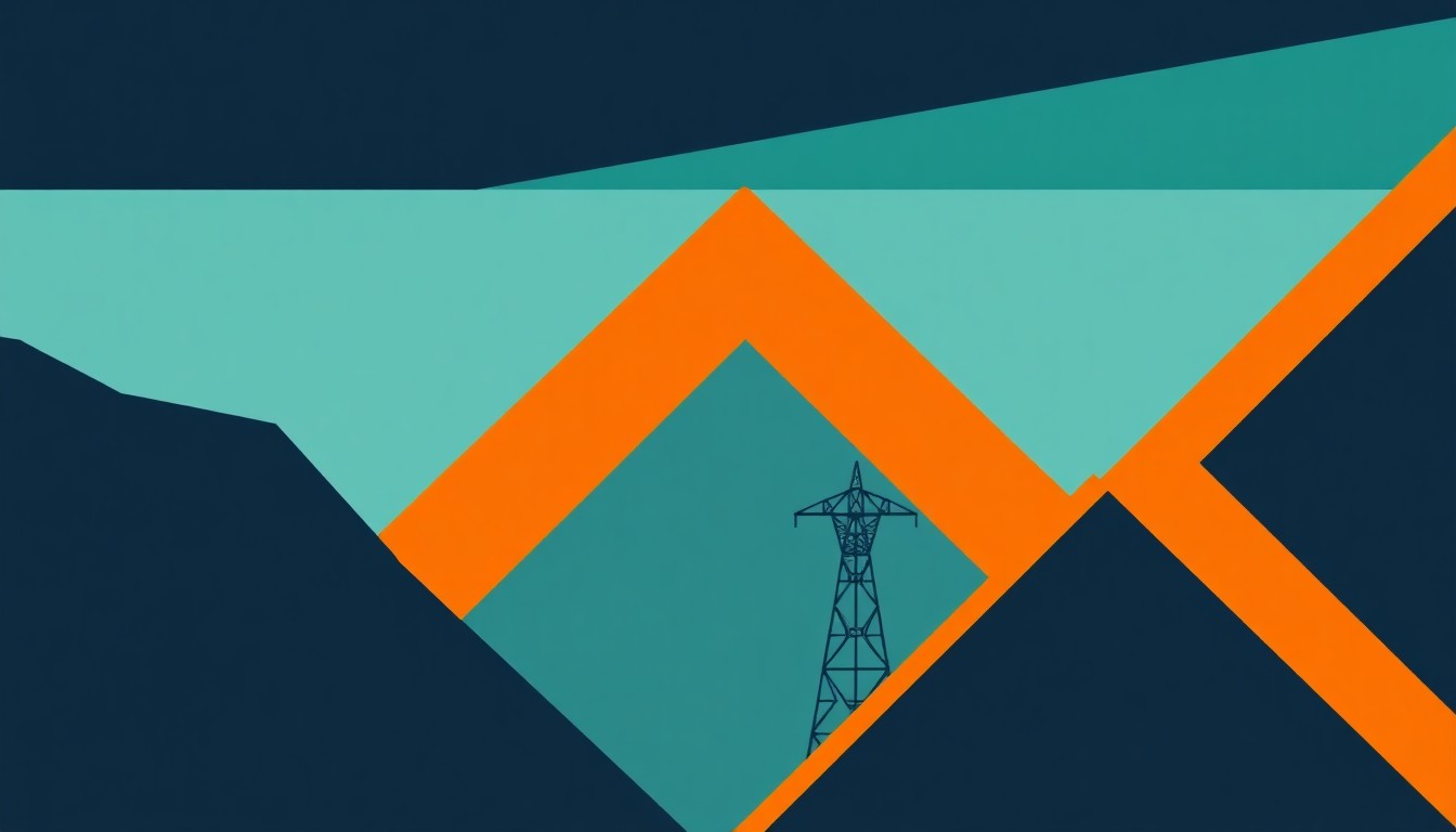 A minimalist illustration featuring overlapping triangles and rectangles in shades of blue, teal, and orange, conceptually representing the complex dynamics of rising utility costs and corporate profits.