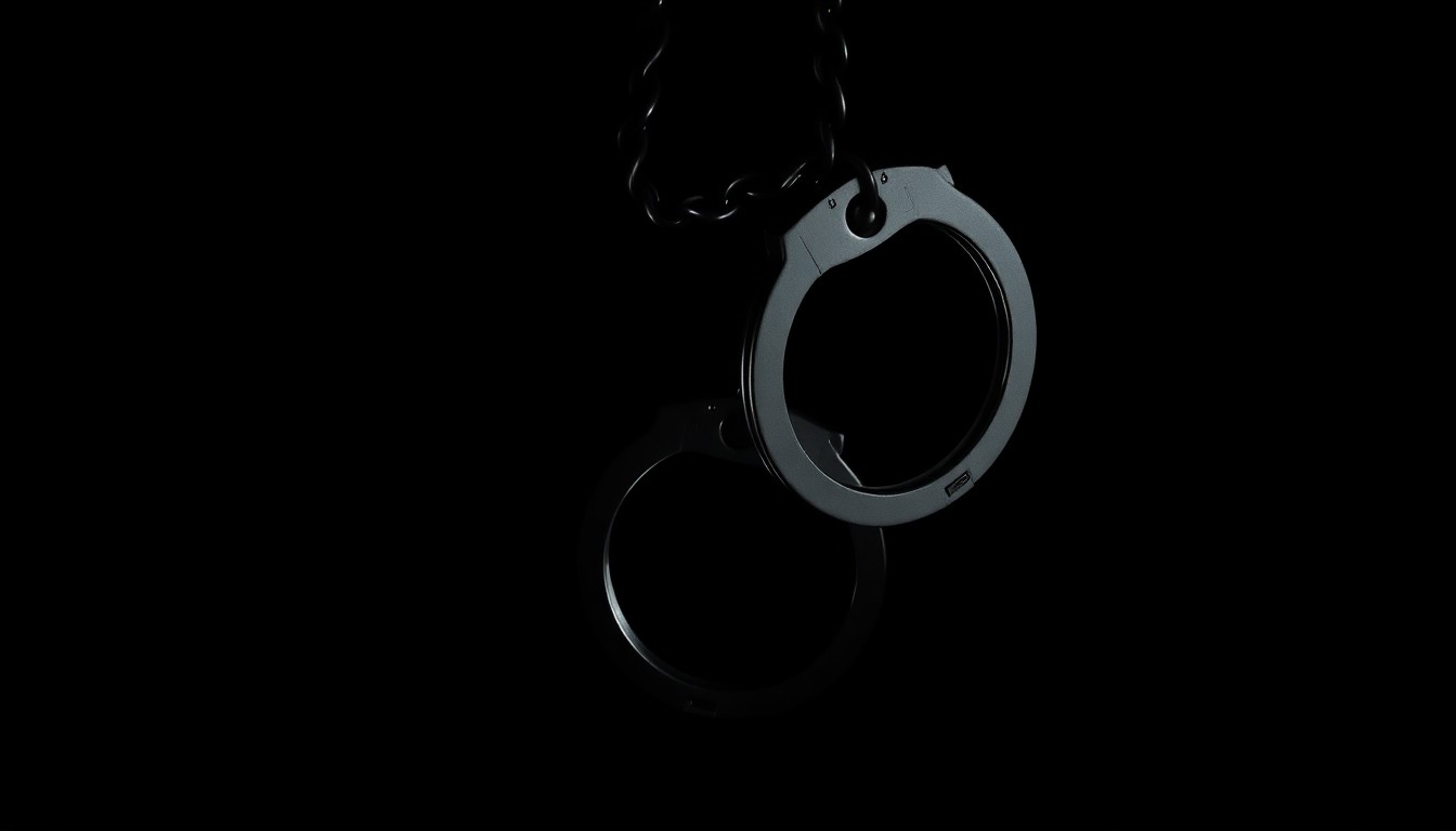 An extreme close-up photograph of a pair of handcuffs against a pitch-black background, creating a stark, gritty, investigative aesthetic that conceptually represents the search for an escaped inmate.