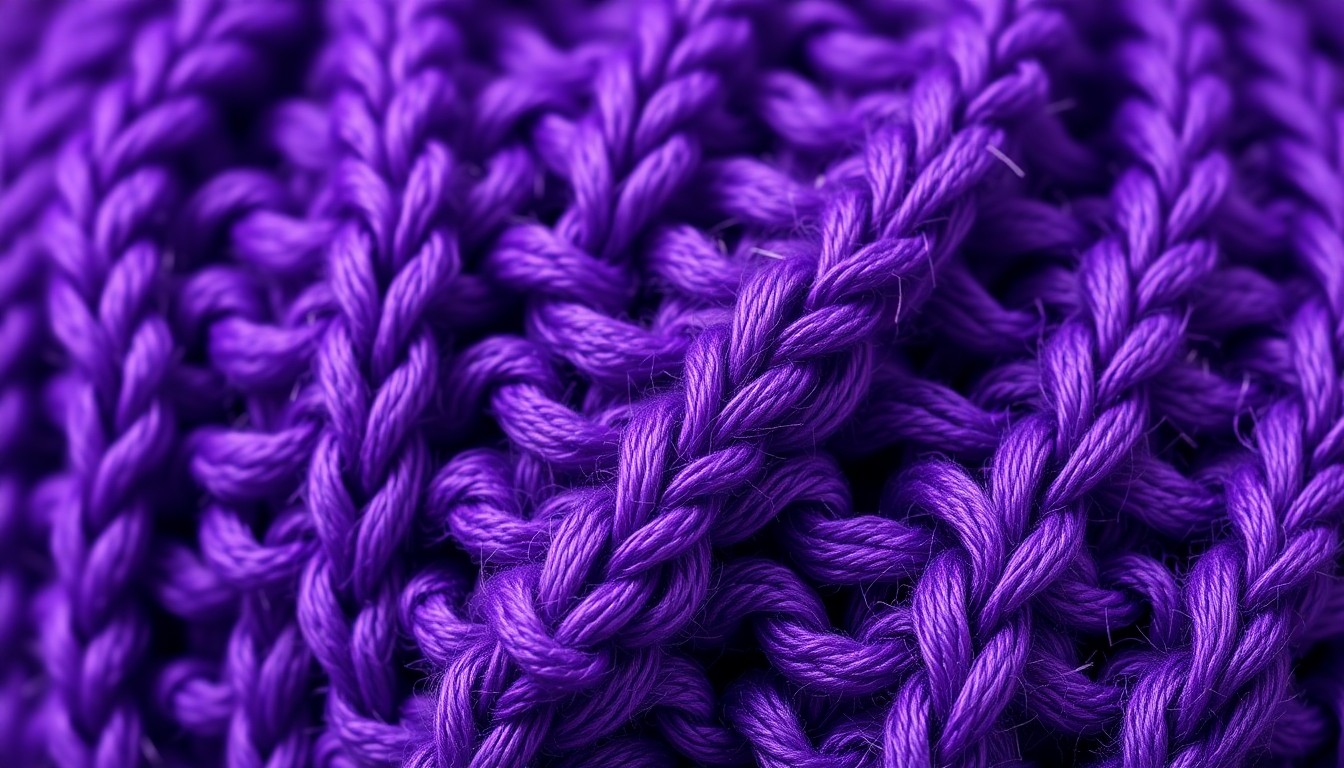 An extreme close-up photograph of a vibrant purple crocheted beanie hat, capturing the intricate texture and luxurious feel of the fabric in dramatic, high-contrast lighting, conceptually representing the Beckham family's musical and familial connections.