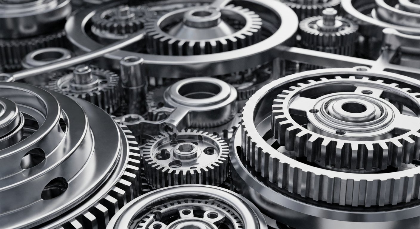 An extreme close-up of intricate, polished metal machinery and gears in shades of silver, steel, and chrome, conceptually representing the precision and power of the semiconductor industry.