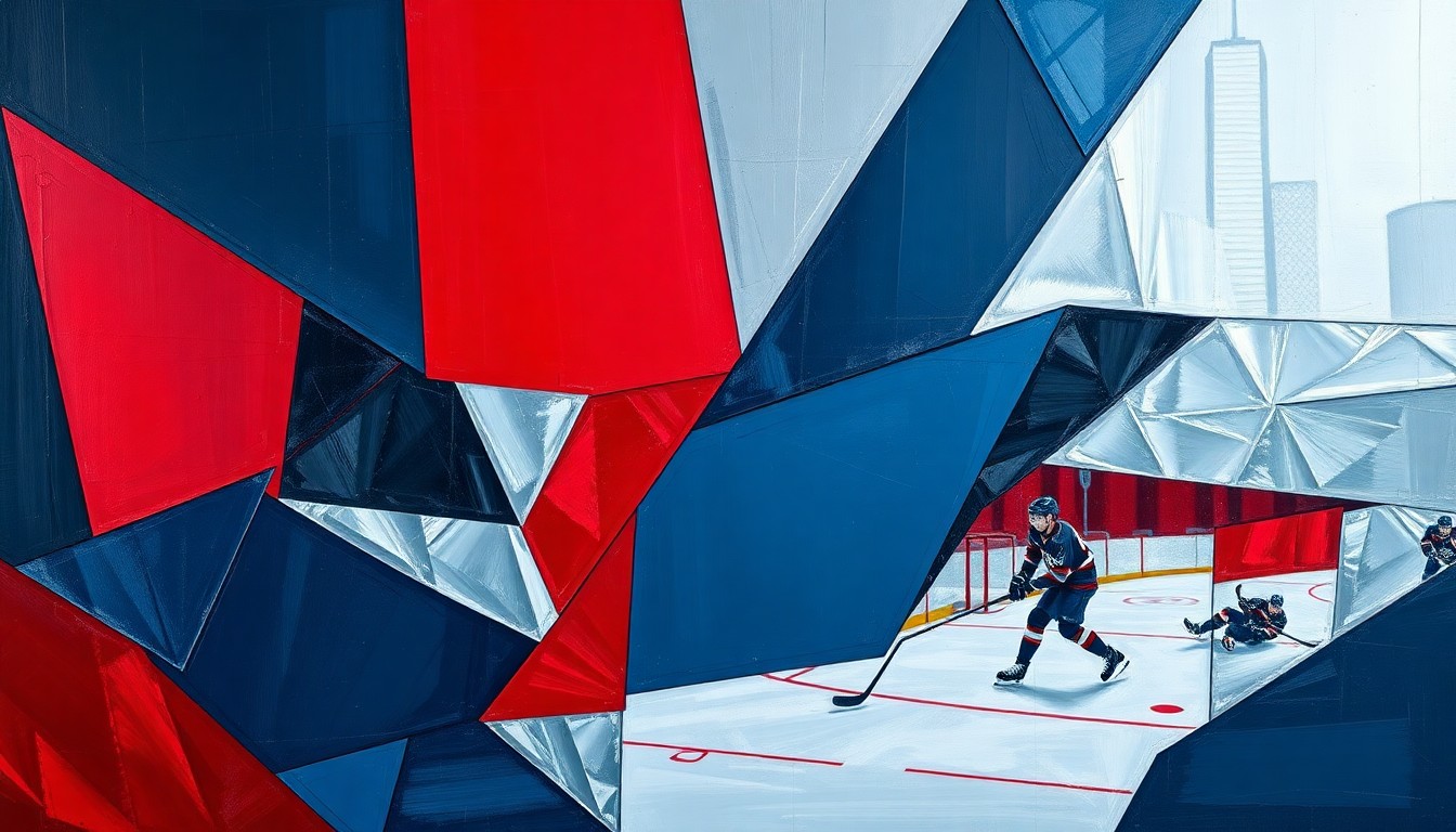 A fragmented, geometric painting depicting a hockey game, with sharp planes of navy, crimson, and silver overlapping to create a dynamic, multi-perspective scene.