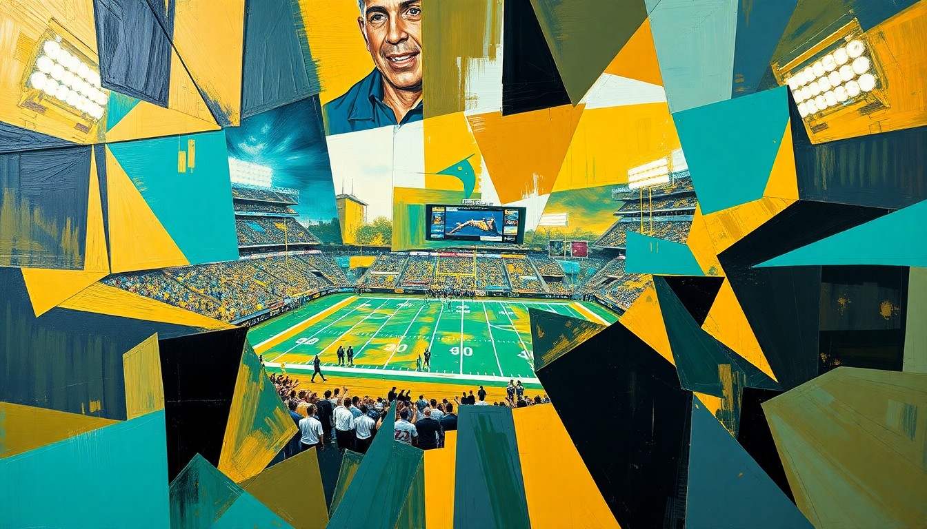 A cubist, geometric illustration depicting a football game or match, with sharp, overlapping planes of teal, gold, and black colors representing the action on the field.