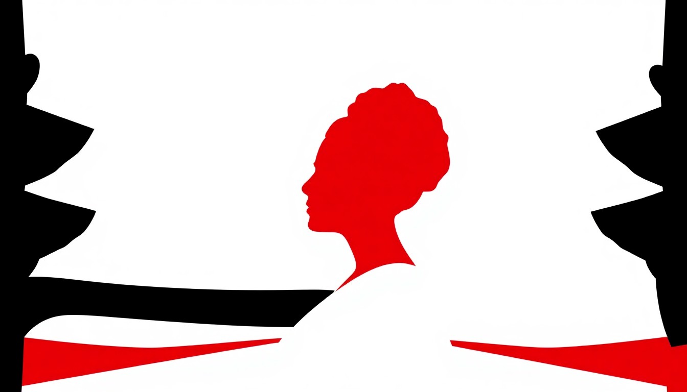 A bold, graphic composition featuring a striking red and white silhouette profile representing Frida Kahlo, conceptually illustrating the immersive theatrical exploration of the iconic artist's life and legacy.