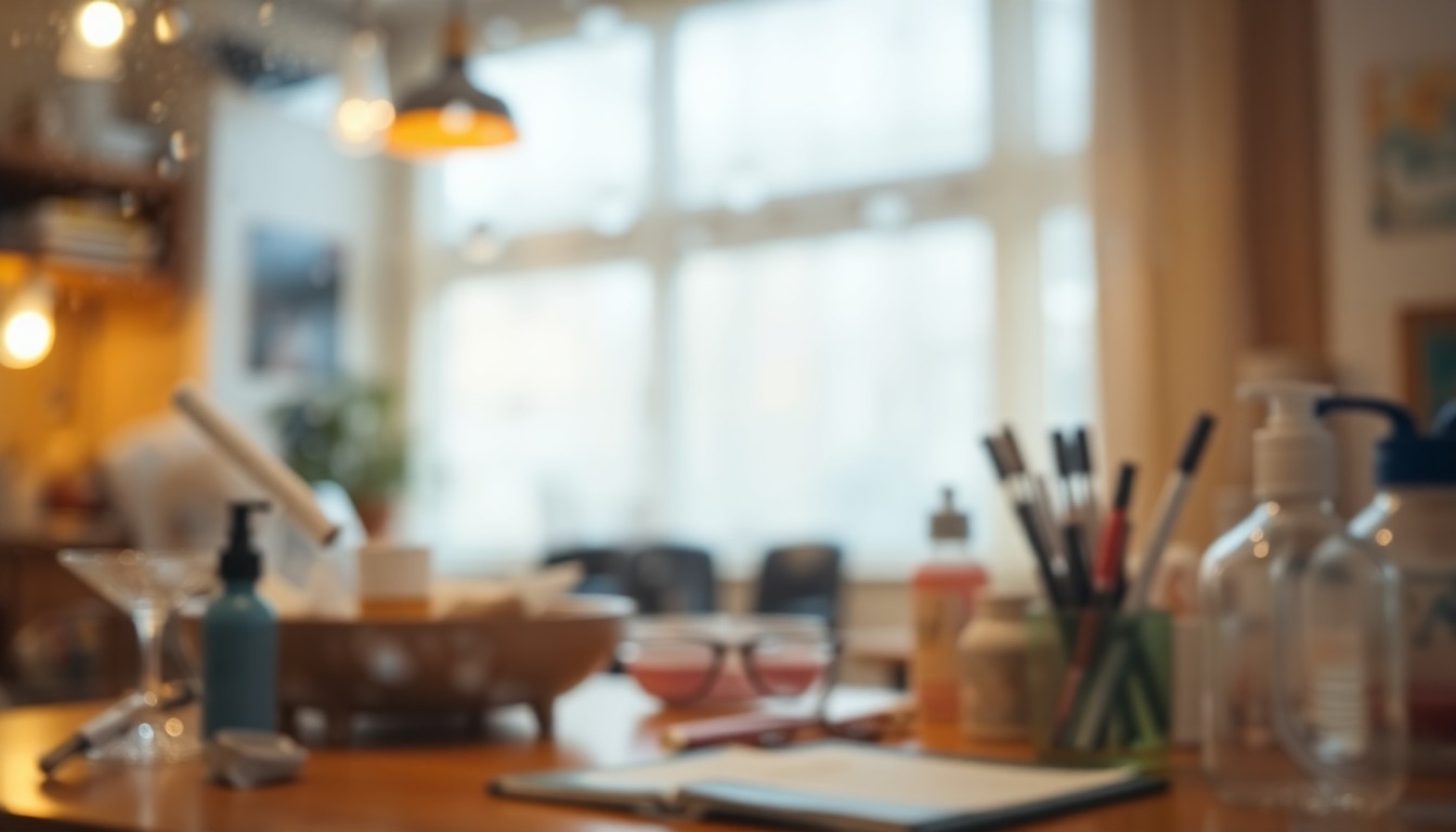 An abstract, out-of-focus scene composed of blurred, warm-toned shapes and textures representing eyeglasses and vision care items, conveying a sense of community care and lifestyle.