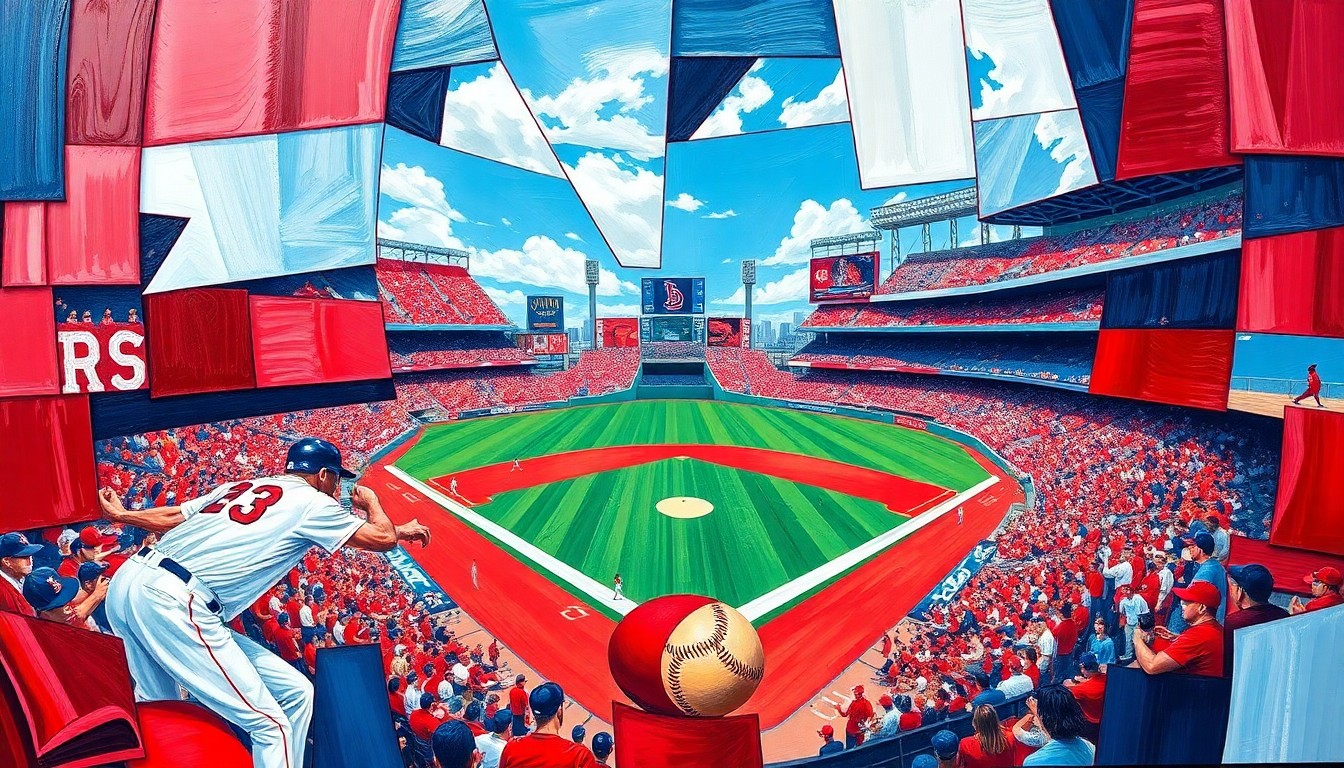 A fragmented, geometric painting depicting a baseball game between the Boston Red Sox and St. Louis Cardinals, with sharp planes of red, white, and blue colors representing the dynamic action on the field.