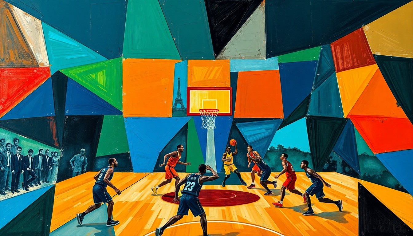 A fractured, multi-perspective painting in bold, angular shapes and colors, capturing the energy and drama of a basketball game through a cubist lens.