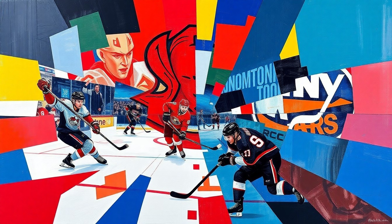 A fractured, multi-perspective painting depicting a hockey game between the Ottawa Senators and New York Islanders, with sharp, overlapping geometric planes in the teams' official colors, capturing the raw energy and intensity of the crucial playoff battle.