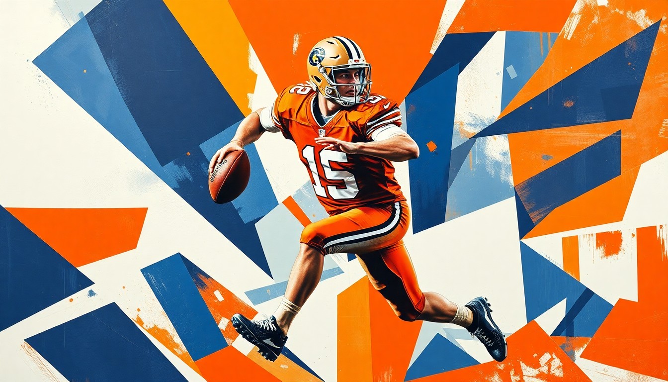 A fractured, geometric painting depicting a college football quarterback in motion, with sharp planes of color and form representing the multifaceted nature of his personal and athletic development.