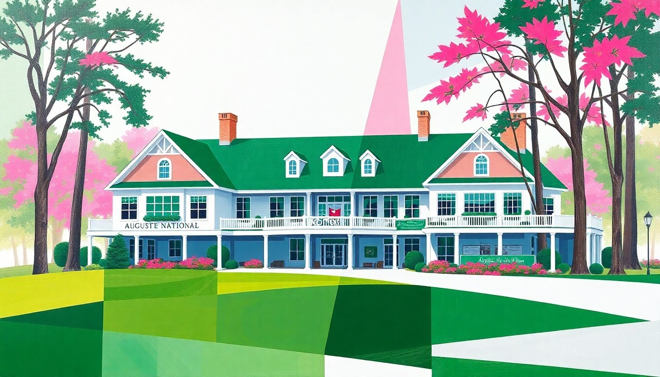 A fragmented, geometric painting depicting the Augusta National clubhouse and pro shop, with sharp planes of emerald green, azalea pink, and bright white representing the iconic architecture and energy of the Masters tournament.