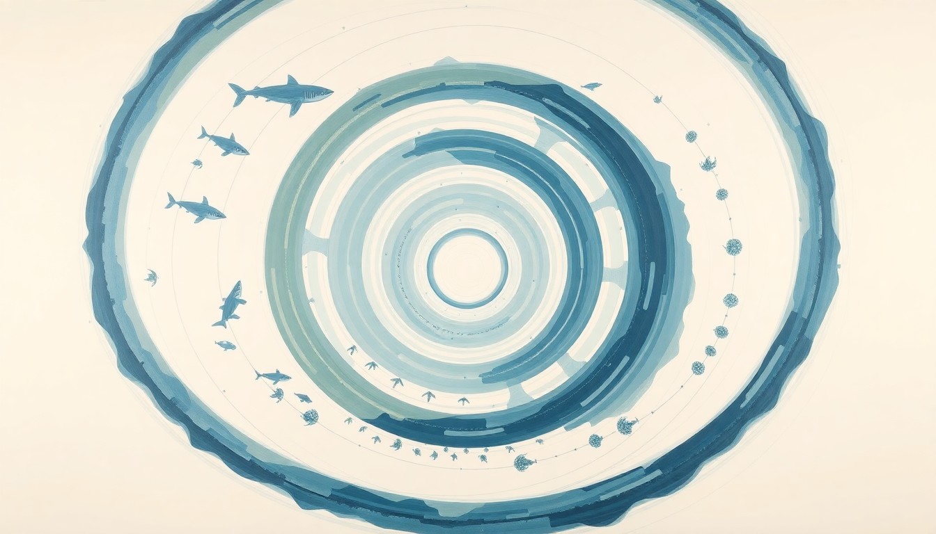 A highly structured abstract painting in muted tones of blue, green, and gray, featuring sweeping geometric arcs, concentric circular patterns, and precise botanical spirals, conceptually representing the complex interplay of ocean currents, shark movements, and mobile alert systems.