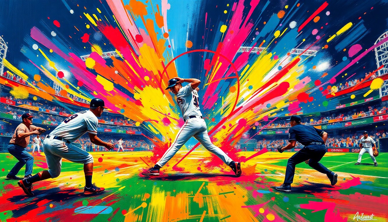 An abstract, expressionist painting in vibrant neon colors, with blurred, fragmented forms representing the dynamic action of a baseball game, conveying the high-energy intensity of the Angels' offensive outburst against the Reds.