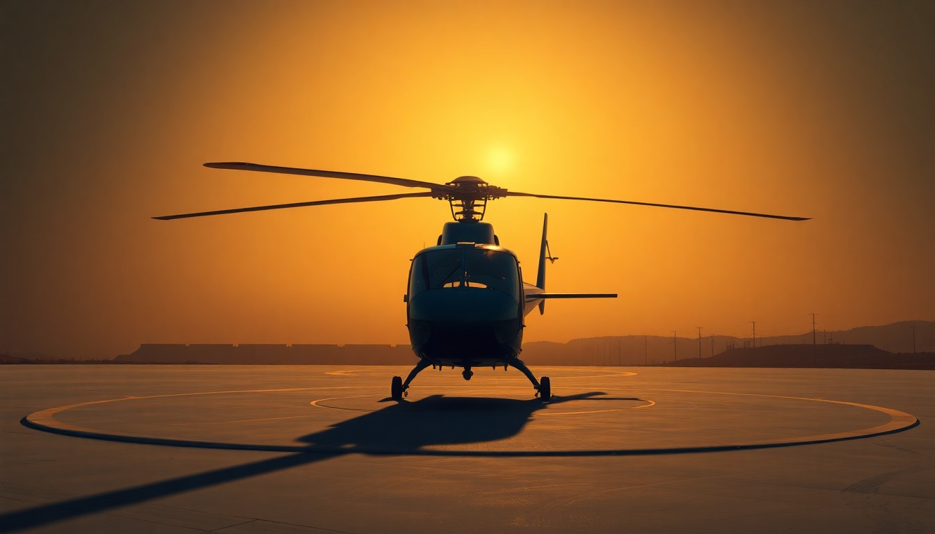 A photorealistic painting of a lone helicopter parked on a helipad, with the city skyline visible in the background. The scene is bathed in warm, golden light and deep shadows, creating a melancholic, cinematic mood.