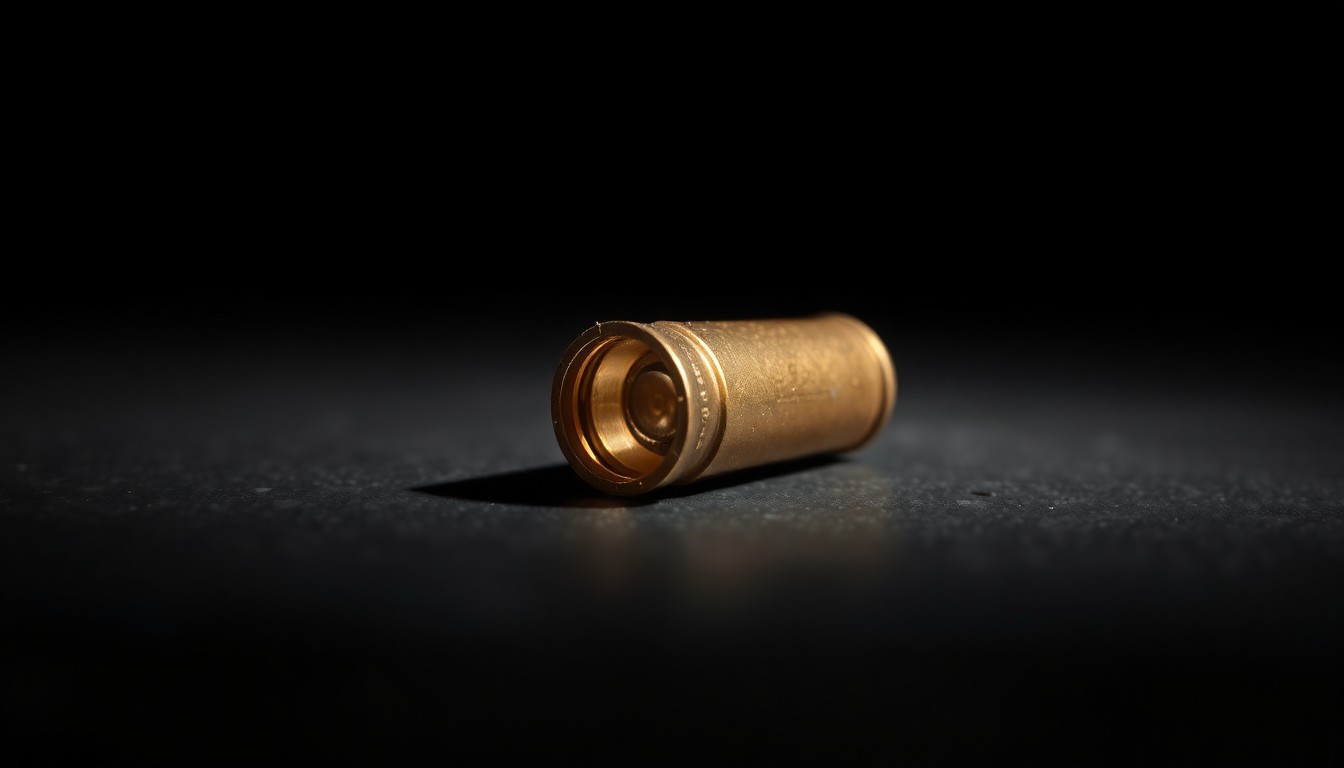 An extreme close-up photograph of a single spent shell casing on a dark surface, lit by a harsh, direct camera flash, conceptually representing the evidence of a violent crime.
