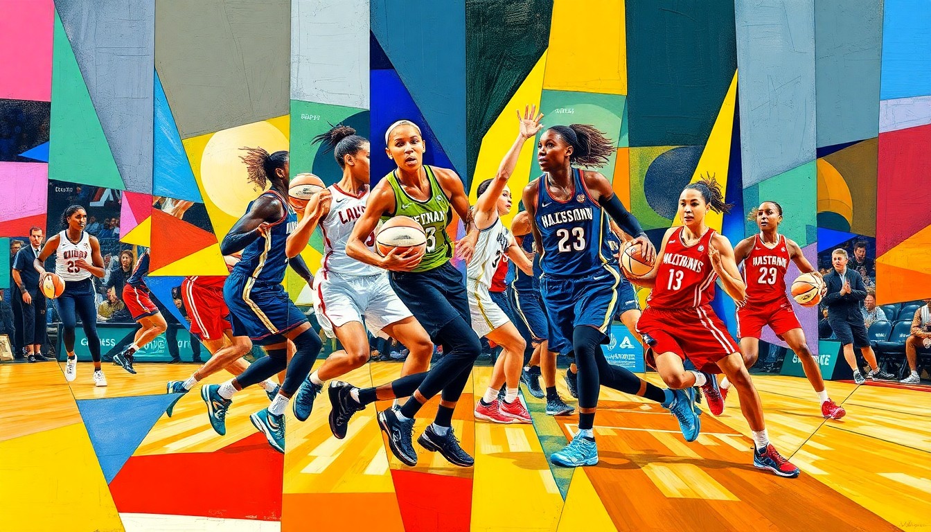 A cubist, geometric painting depicting the abstract, fragmented forms of WNBA players in motion, with vibrant colors and sharp, overlapping planes capturing the dynamic energy of the sport.