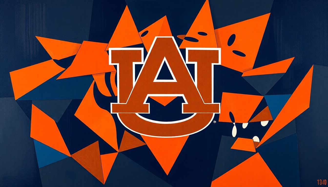 A cubist, geometric painting in shades of orange, navy, and gold, depicting the fragmented and overlapping elements of the Auburn Tigers' basketball team and their missed opportunity at the 2026 NCAA Tournament.