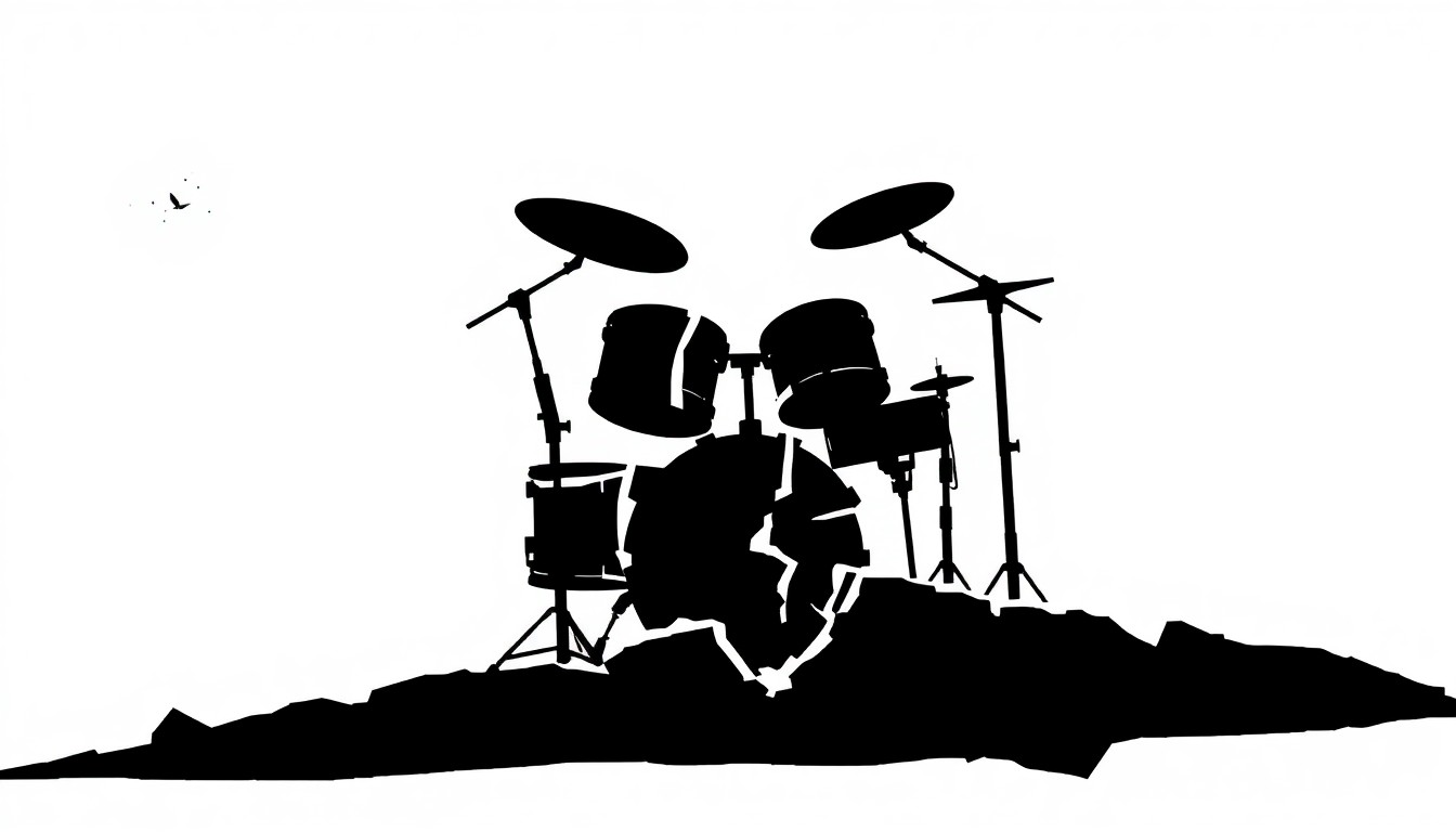 A minimalist, abstract illustration featuring a jagged, black silhouette of a broken drum kit, conveying the fractured state of the metalcore band As I Lay Dying.