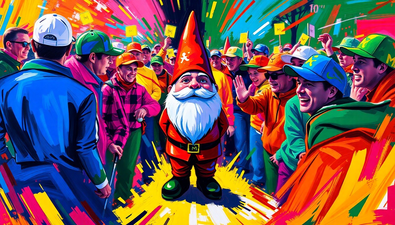 A vibrant, expressionist painting in neon colors depicting a crowd of golf fans eagerly waiting to purchase a limited-edition Masters gnome, the central figure of the gnome surrounded by a frenetic swirl of brushstrokes capturing the excitement and anticipation of the scene.