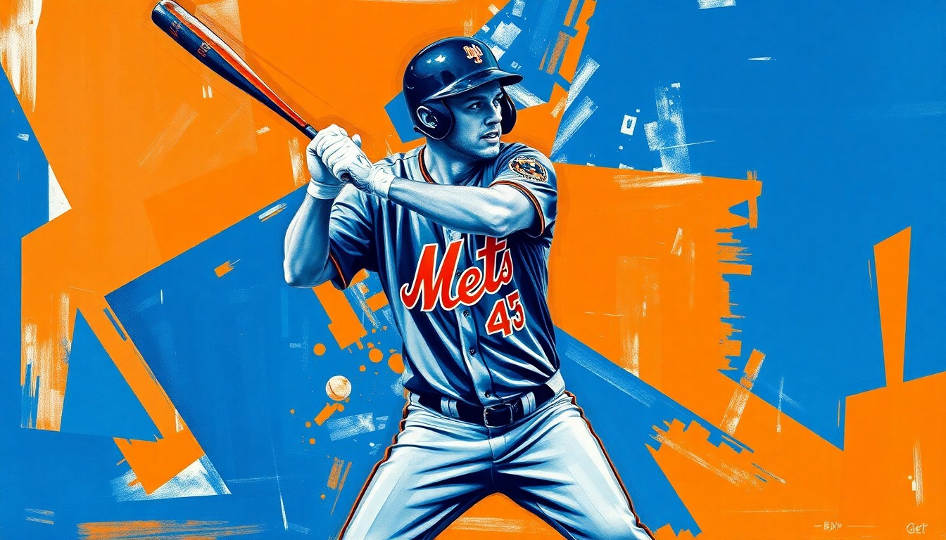 A fractured, geometric painting depicting Bo Bichette's batting stance and swing broken down into sharp, overlapping planes of blue and orange, conceptually representing the Mets star's slow start to the season.