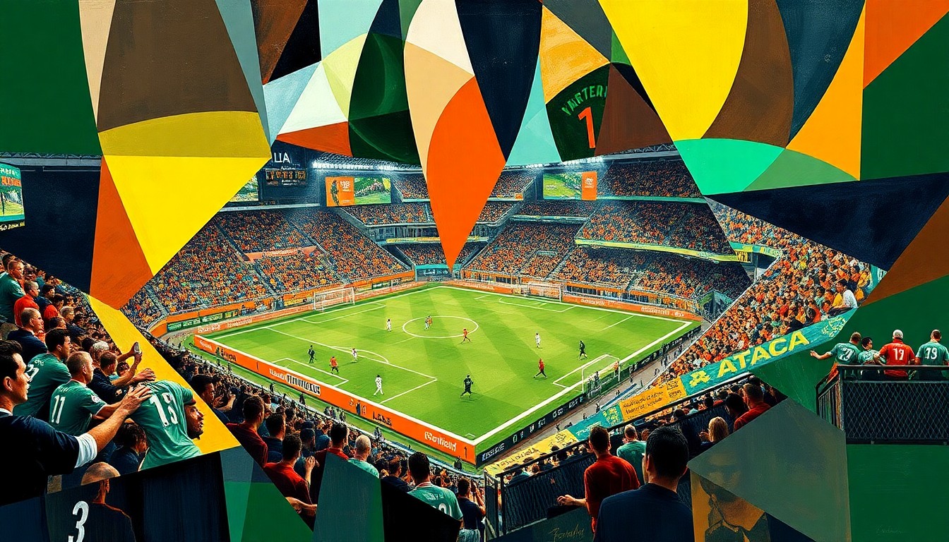 A fractured, multi-perspective painting in the style of Pablo Picasso, breaking a soccer match down into sharp, overlapping geometric planes that capture the dynamic movements and energy of the players and crowd.