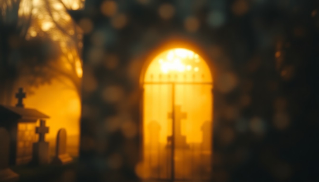 An impressionistic, blurred photograph of an old cemetery gate or headstones, rendered in soft, warm tones that evoke a sense of timelessness and reverence.