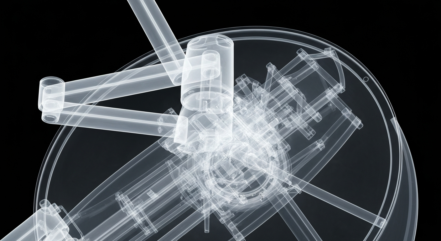 An extreme close-up X-ray photograph revealing the intricate internal components of a radiation therapy machine, conceptually illustrating the advanced medical technology that will be available at the new South Central Iowa Radiation Center.