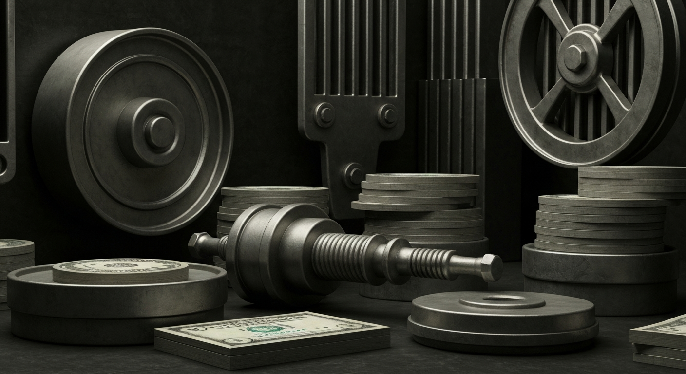 An extreme close-up of intricate gears, levers, and mechanisms of a banking vault, conveying the complex, high-stakes world of personal finances.