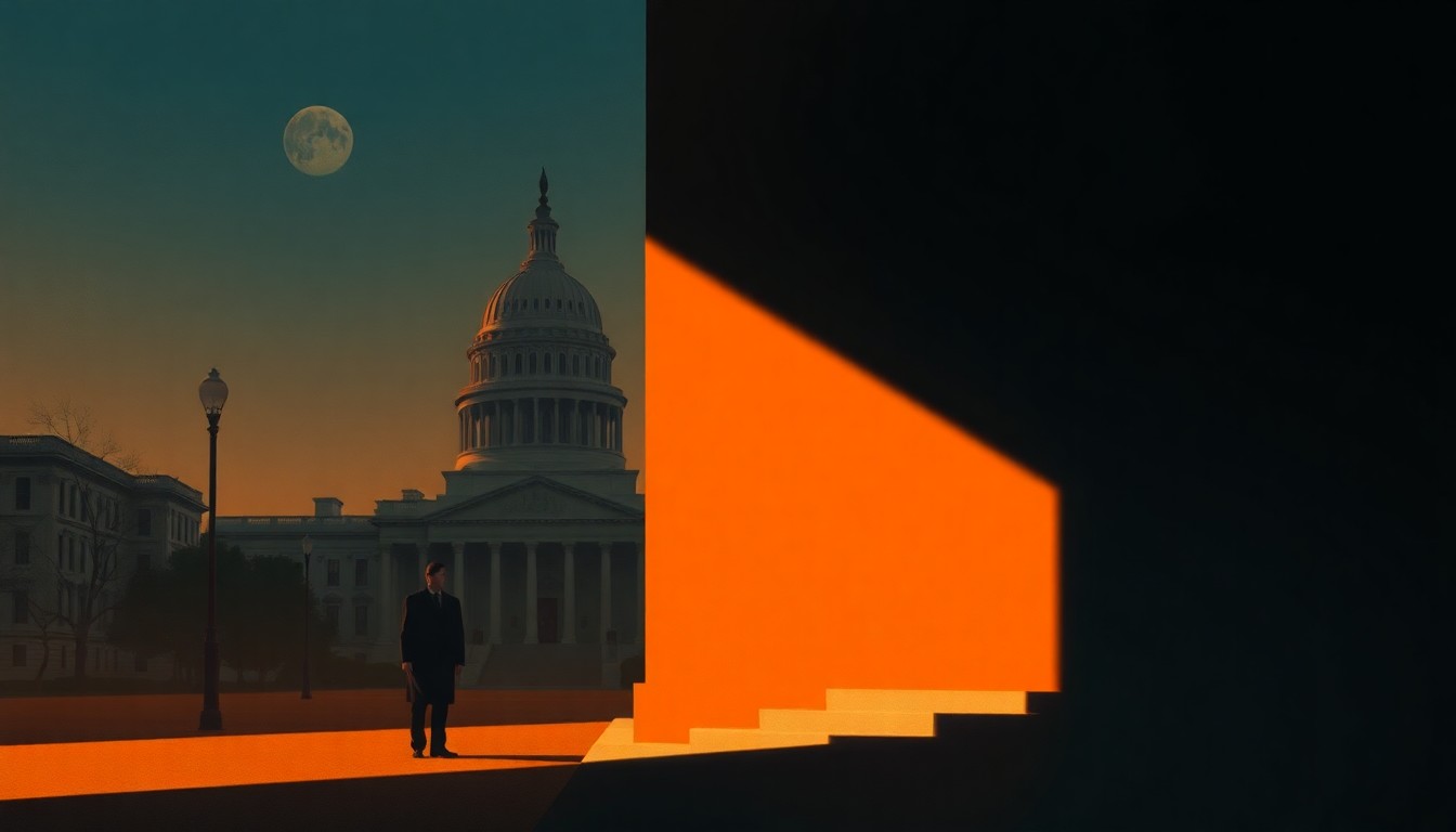 A cinematic painting depicting a solitary political figure or government building in warm, diagonal sunlight and deep shadows, conveying a sense of quiet contemplation and the moral challenges of contemporary conflict.