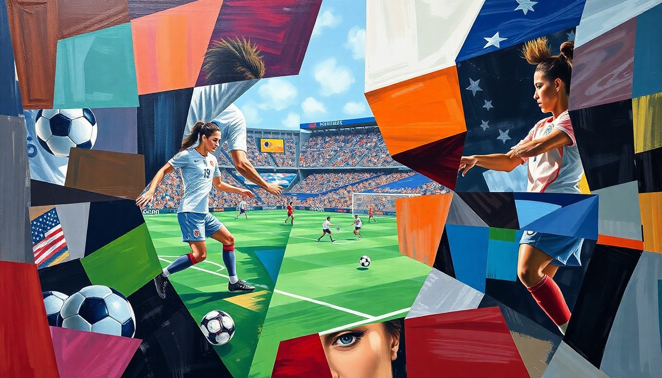 A fractured, multi-perspective painting depicting a women's soccer match, with the players and field broken down into sharp, overlapping geometric shapes and planes in a cubist style, conveying the technical and tactical sophistication of the two teams.