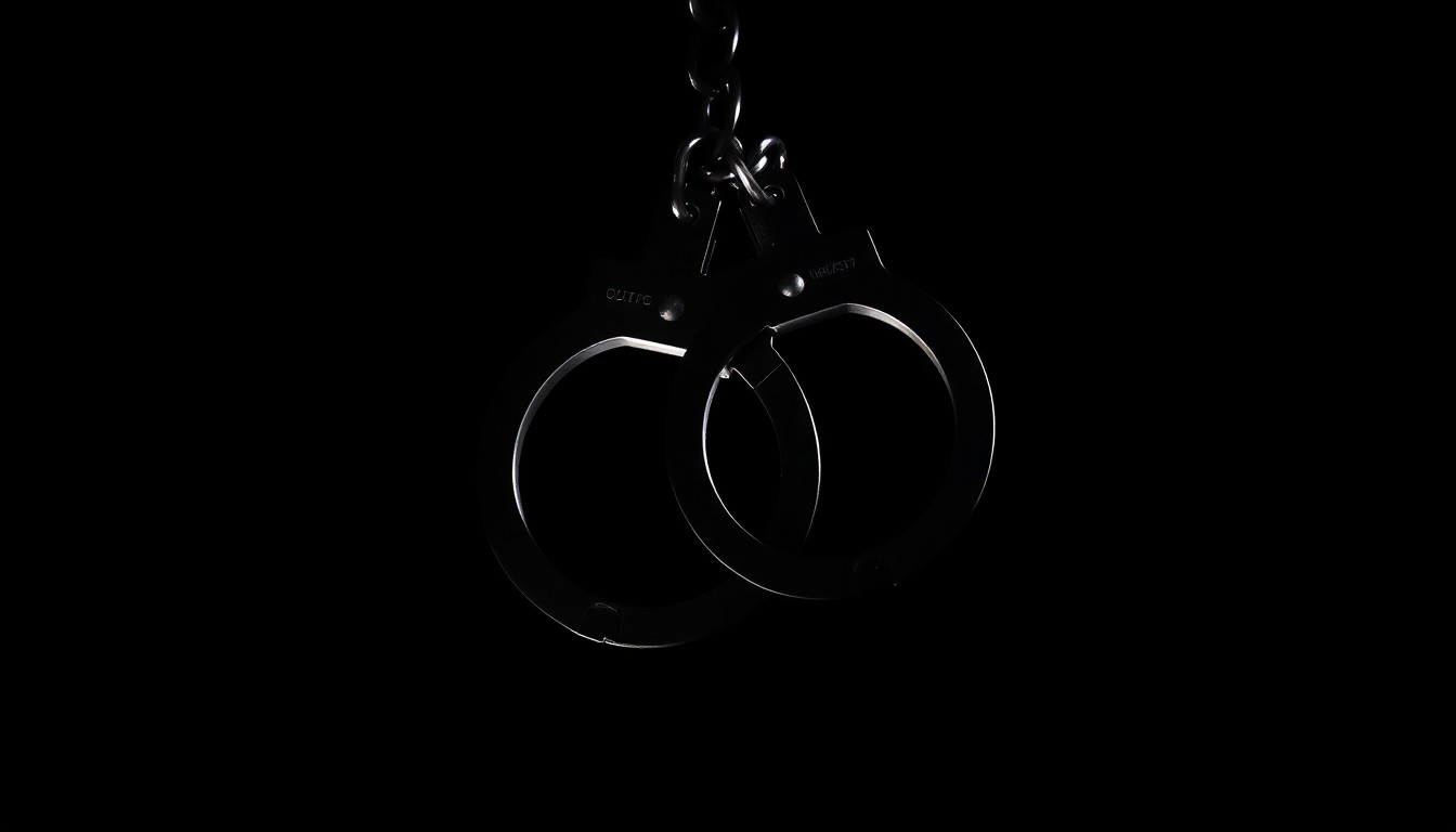 An extreme close-up photograph of a pair of handcuffs against a pitch-black background, lit by a harsh, direct camera flash. The handcuffs are the sole focus, creating a stark, gritty, investigative aesthetic.